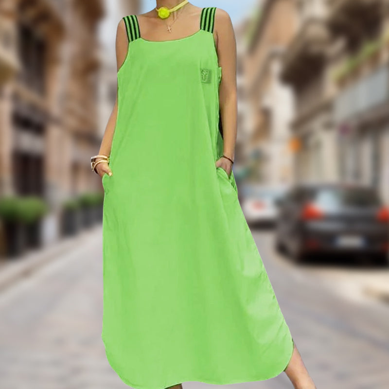 Široké ramínkové maxi šaty s kapsami