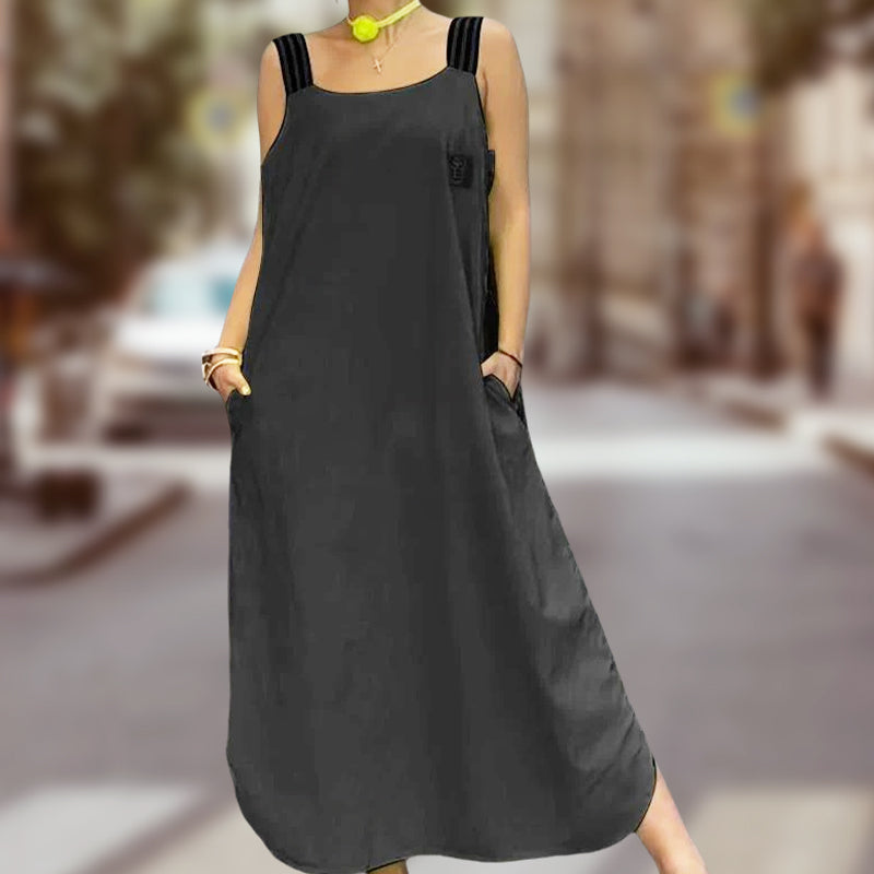 Široké ramínkové maxi šaty s kapsami