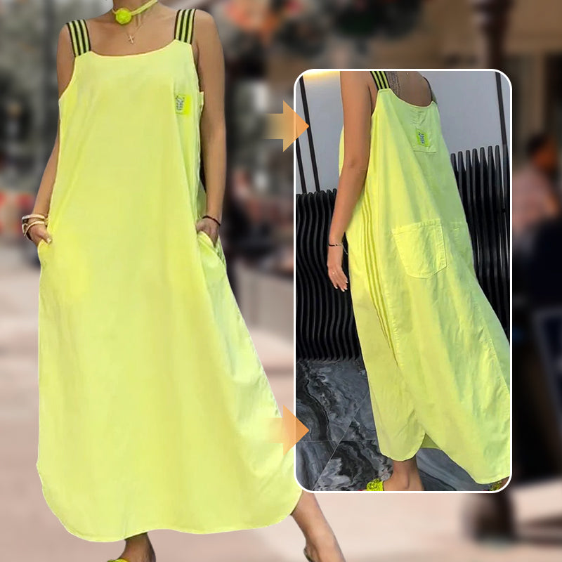 Široké ramínkové maxi šaty s kapsami