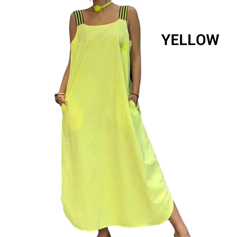 Široké ramínkové maxi šaty s kapsami