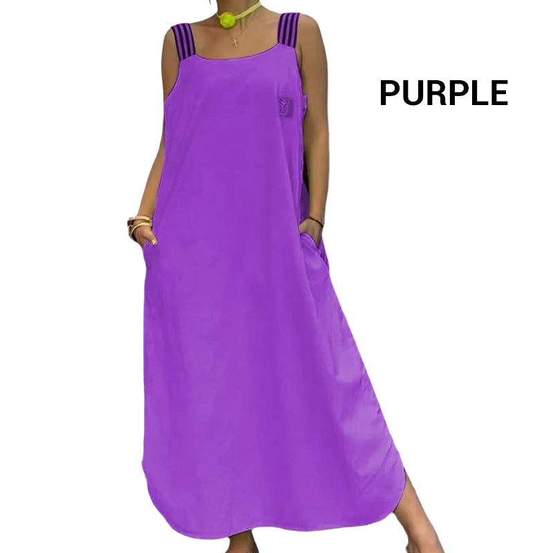 Široké ramínkové maxi šaty s kapsami