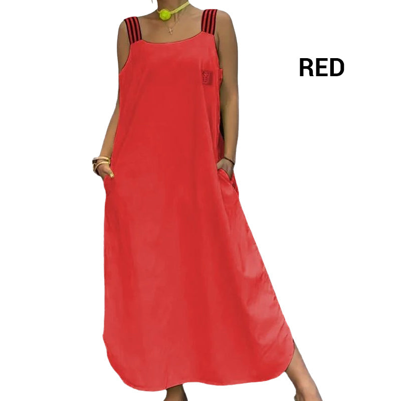 Široké ramínkové maxi šaty s kapsami