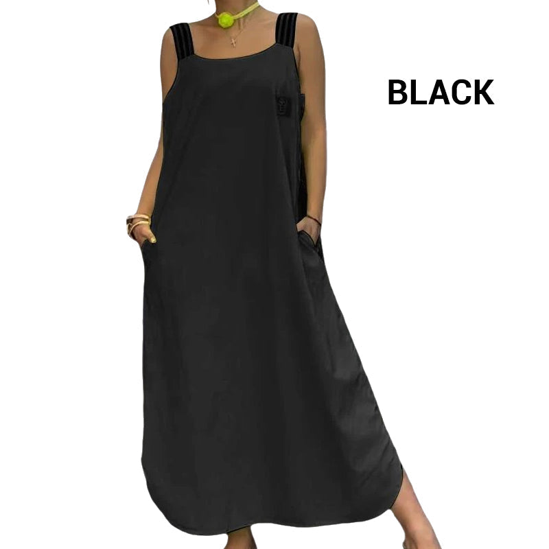 Široké ramínkové maxi šaty s kapsami