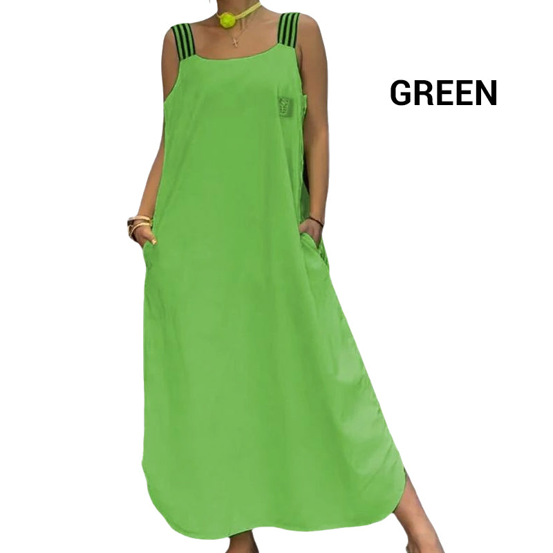 Široké ramínkové maxi šaty s kapsami