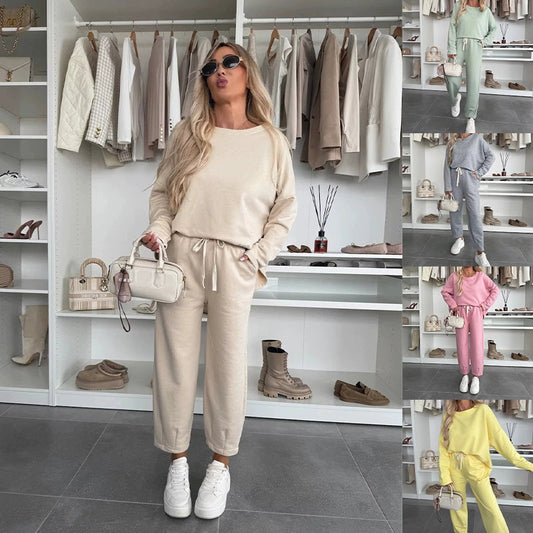 🌸Obyčejný top s kulatým výstřihem a volné kalhoty ve 2dílné sadě