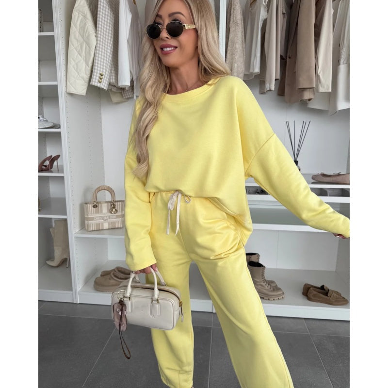 🌸Obyčejný top s kulatým výstřihem a volné kalhoty ve 2dílné sadě