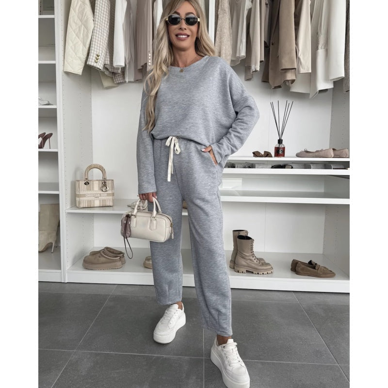 🌸Obyčejný top s kulatým výstřihem a volné kalhoty ve 2dílné sadě