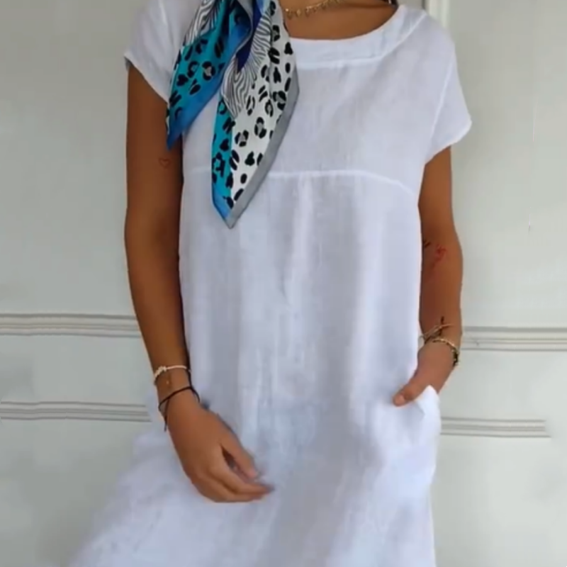 Novinka roku 2025! 🔥Dámské plátěné šaty s kulatým výstřihem a krátkým rukávem