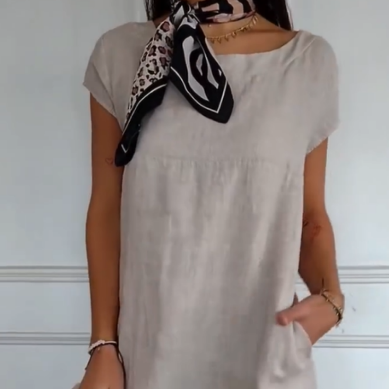 Novinka roku 2025! 🔥Dámské plátěné šaty s kulatým výstřihem a krátkým rukávem