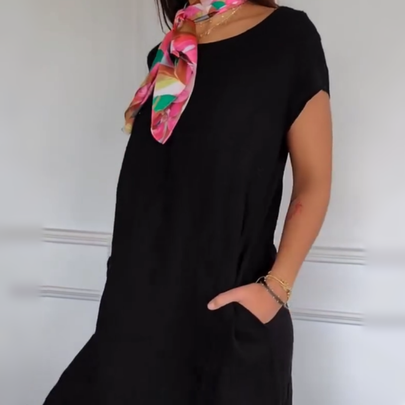 Novinka roku 2025! 🔥Dámské plátěné šaty s kulatým výstřihem a krátkým rukávem