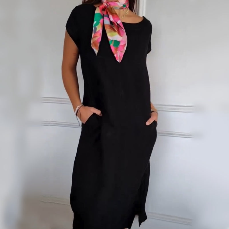 Novinka roku 2025! 🔥Dámské plátěné šaty s kulatým výstřihem a krátkým rukávem