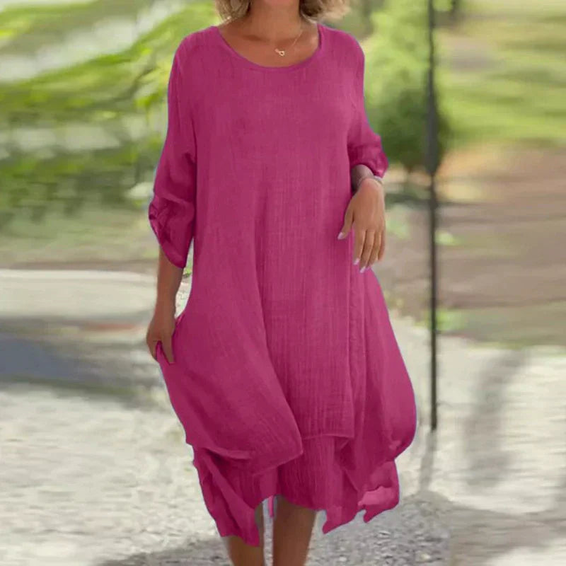 💕Dámské elegantní jednobarevné šaty volného střihu s kulatým výstřihem