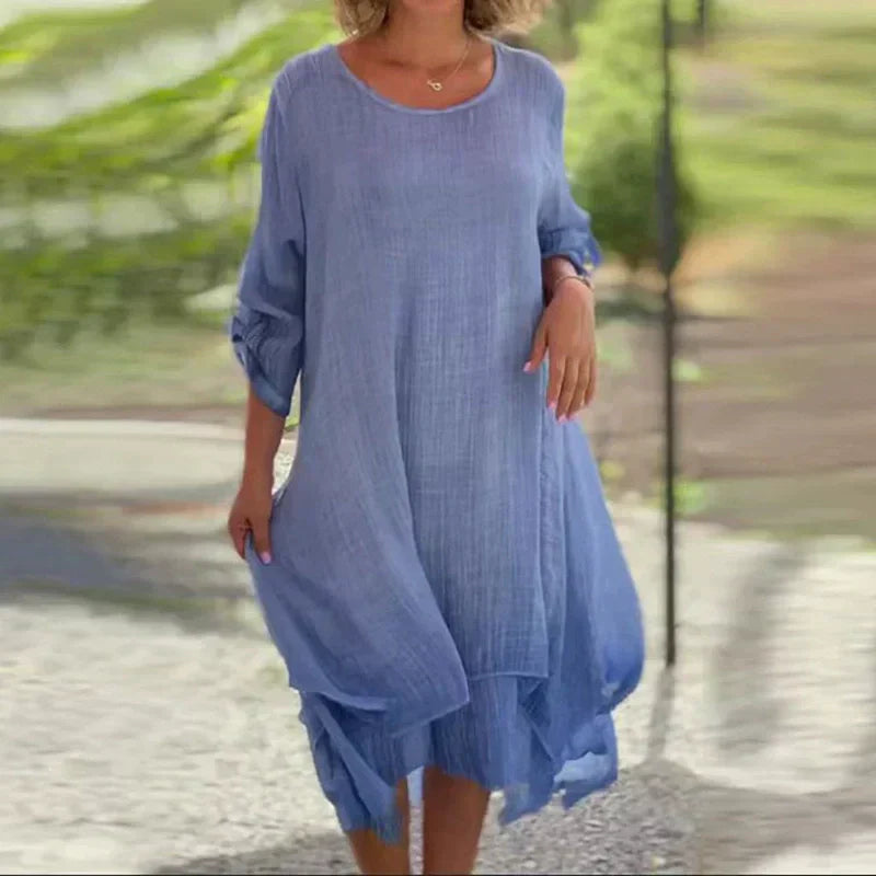 💕Dámské elegantní jednobarevné šaty volného střihu s kulatým výstřihem