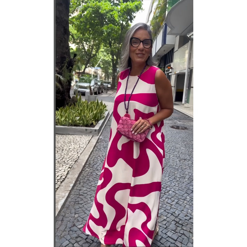 Neformální módní šaty bez rukávů s kulatým výstřihem