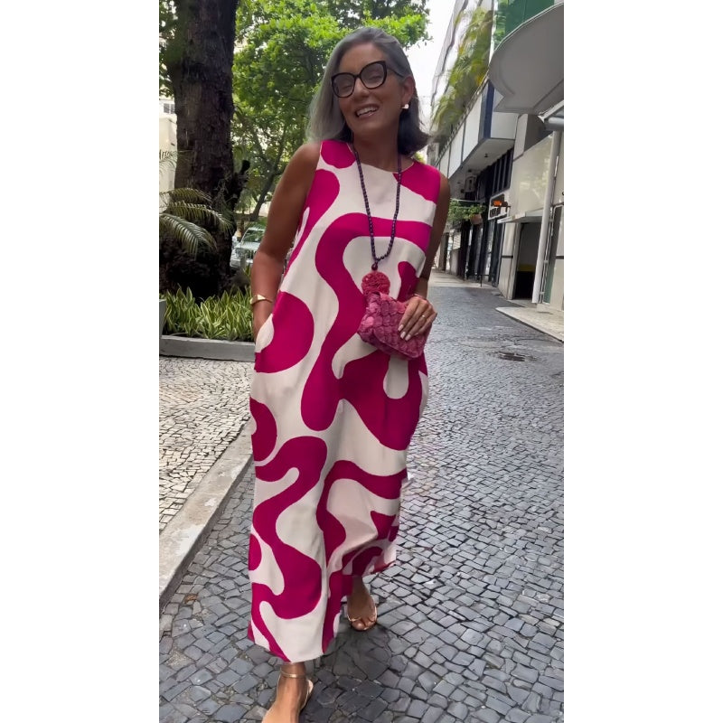 Neformální módní šaty bez rukávů s kulatým výstřihem