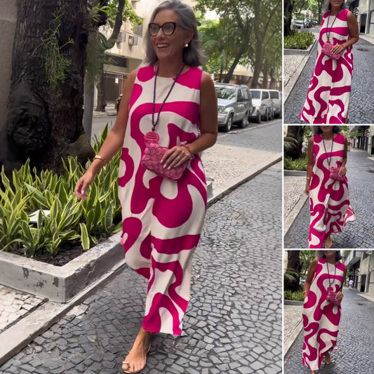 Neformální módní šaty bez rukávů s kulatým výstřihem