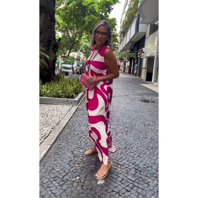 Neformální módní šaty bez rukávů s kulatým výstřihem