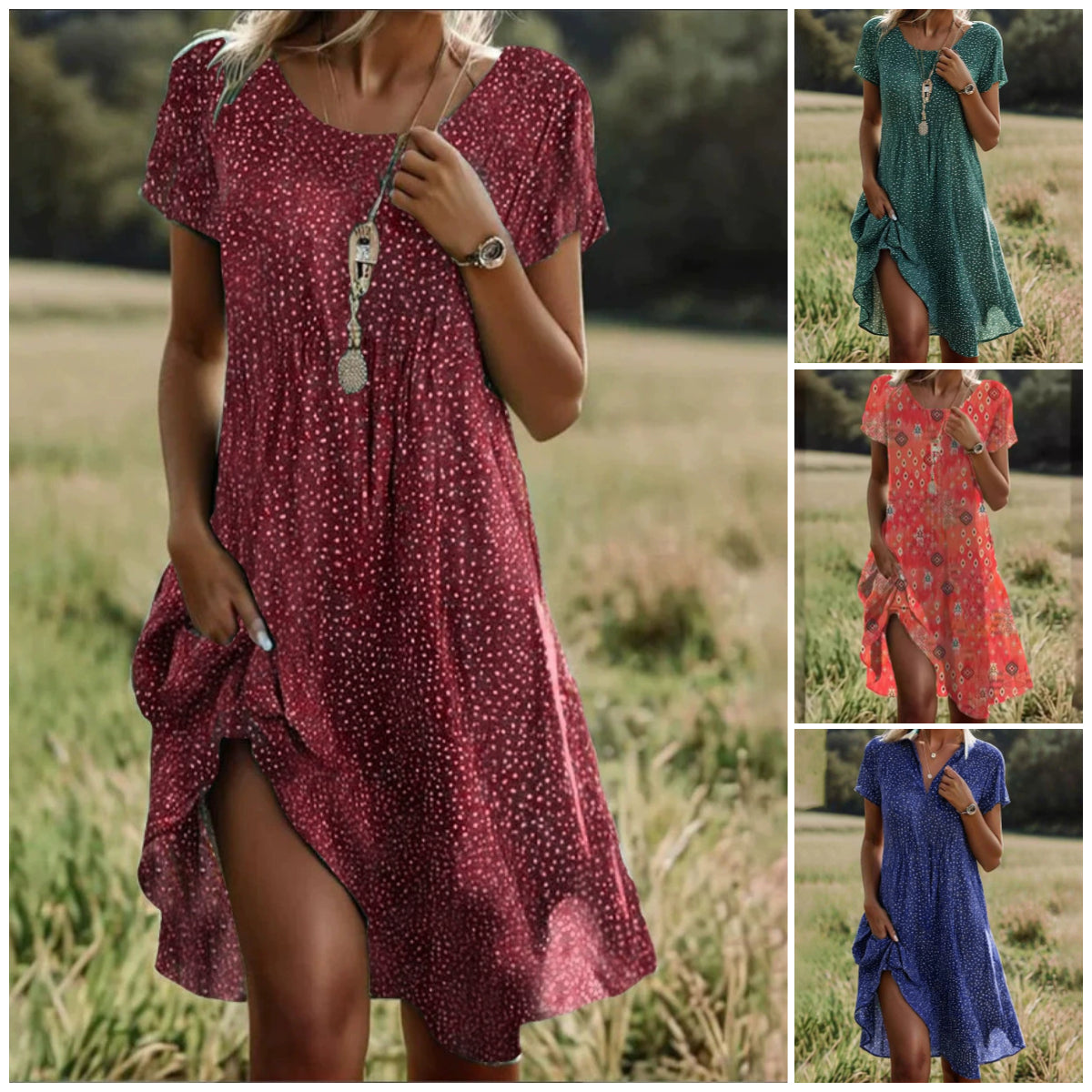 🌸Elegantní zelené midi šaty s krátkým rukávem a puntíky