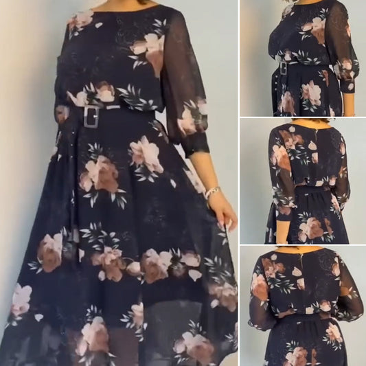 【S-4XL】🌺 Květinové šaty s kulatým výstřihem a páskem