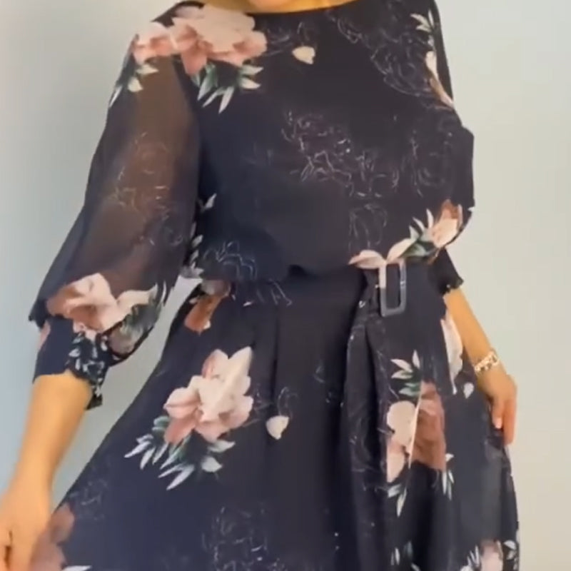 【S-4XL】🌺 Květinové šaty s kulatým výstřihem a páskem