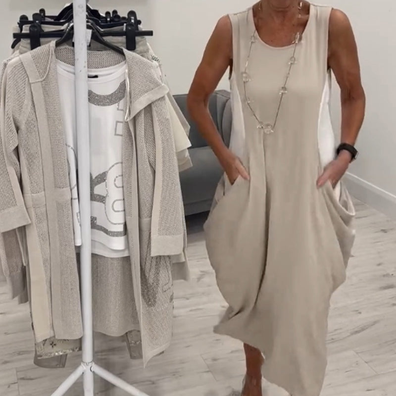 ✨Jednoduché lněné šaty bez rukávů s kapsami