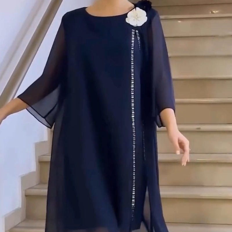 🌸✨【S-4XL】Dámské síťované šaty s kulatým výstřihem a květinovým akcentem