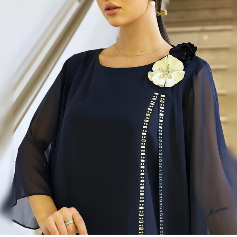 🌸✨【S-4XL】Dámské síťované šaty s kulatým výstřihem a květinovým akcentem