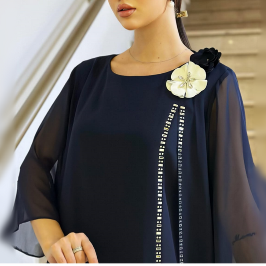🌸✨【S-4XL】Dámské síťované šaty s kulatým výstřihem a květinovým akcentem