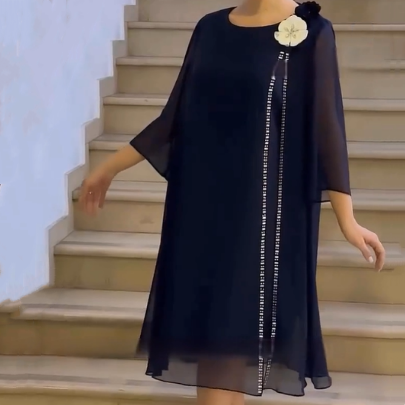 🌸✨【S-4XL】Dámské síťované šaty s kulatým výstřihem a květinovým akcentem