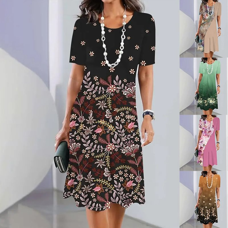 🌸Dámské elegantní šaty s kulatým výstřihem s květinovým potiskem
