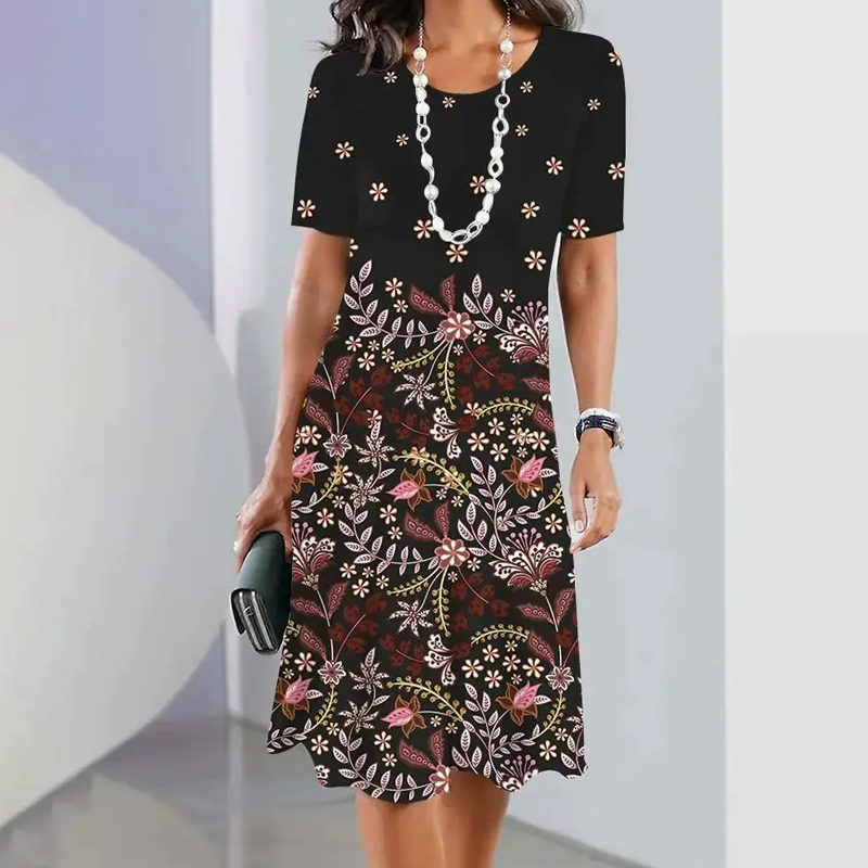 🌸Dámské elegantní šaty s kulatým výstřihem s květinovým potiskem