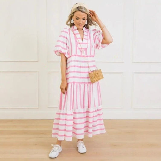 🌸Dámské letní pruhované, volné, ležérní šaty s krátkým rukávem