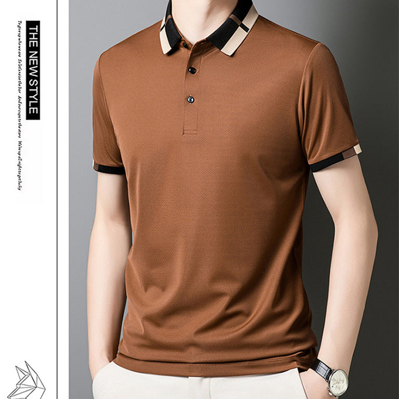 🔥Pánské strečové tričko s krátkým rukávem a klopou z ledového hedvábí