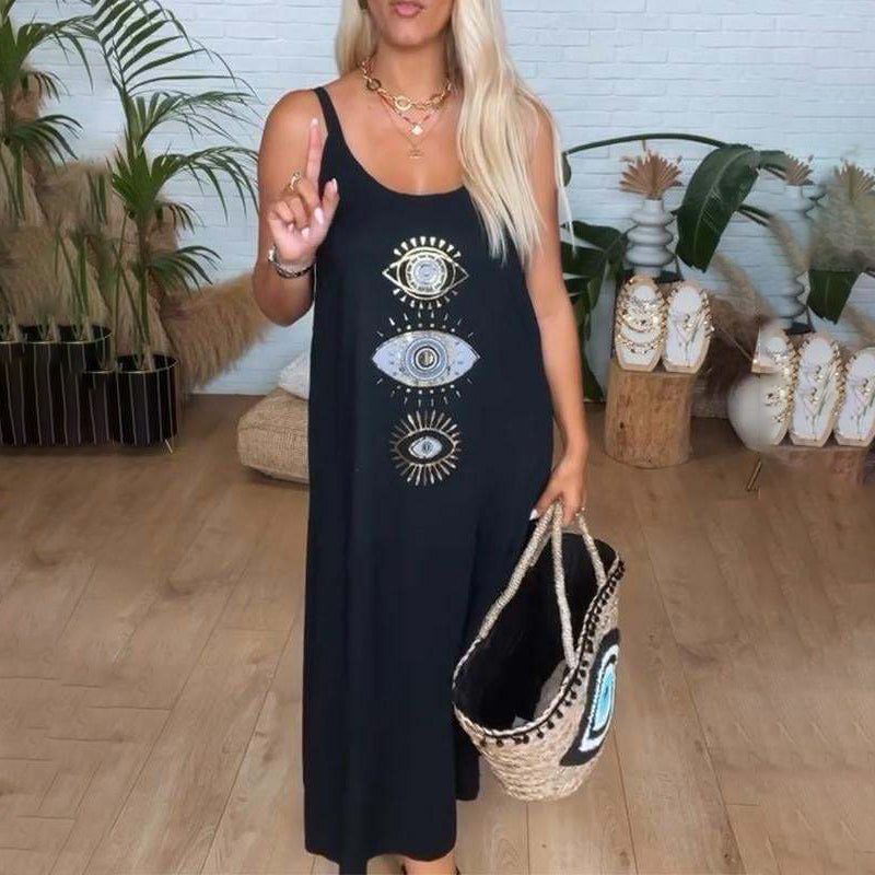 🔥Dámské dlouhé šaty bez rukávů s očkovým vzorem👗