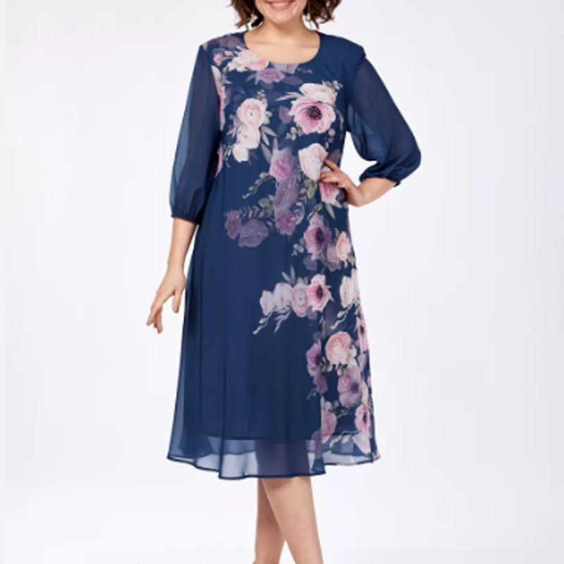 Elegantní šifonové šaty s květinovým potiskem a kulatým výstřihem