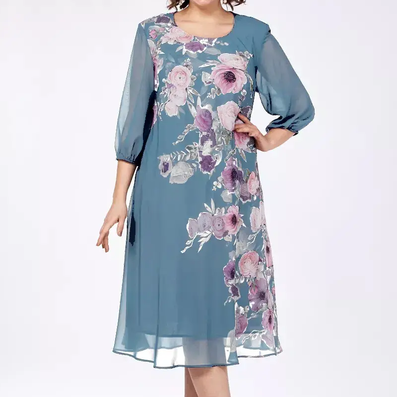 Elegantní šifonové šaty s květinovým potiskem a kulatým výstřihem