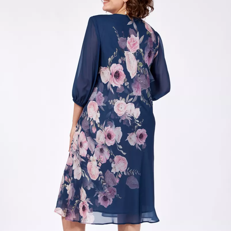 Elegantní šifonové šaty s květinovým potiskem a kulatým výstřihem