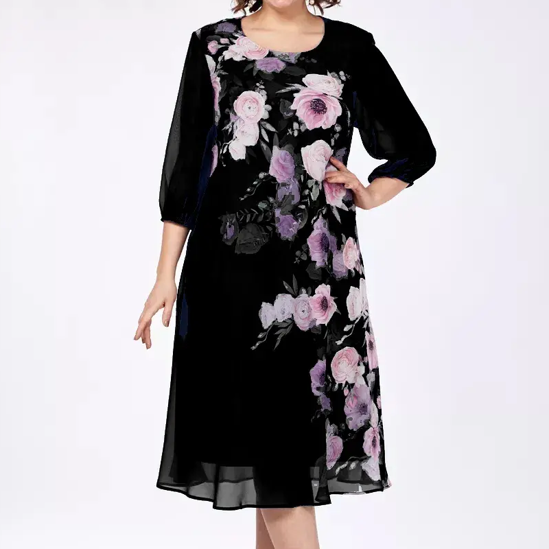 Elegantní šifonové šaty s květinovým potiskem a kulatým výstřihem