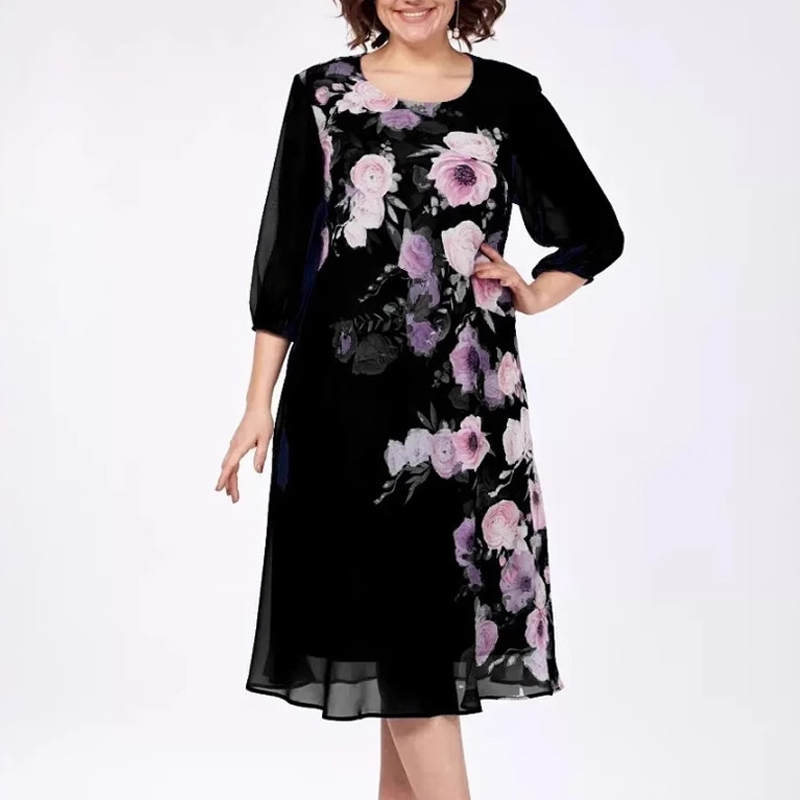 Elegantní šifonové šaty s květinovým potiskem a kulatým výstřihem