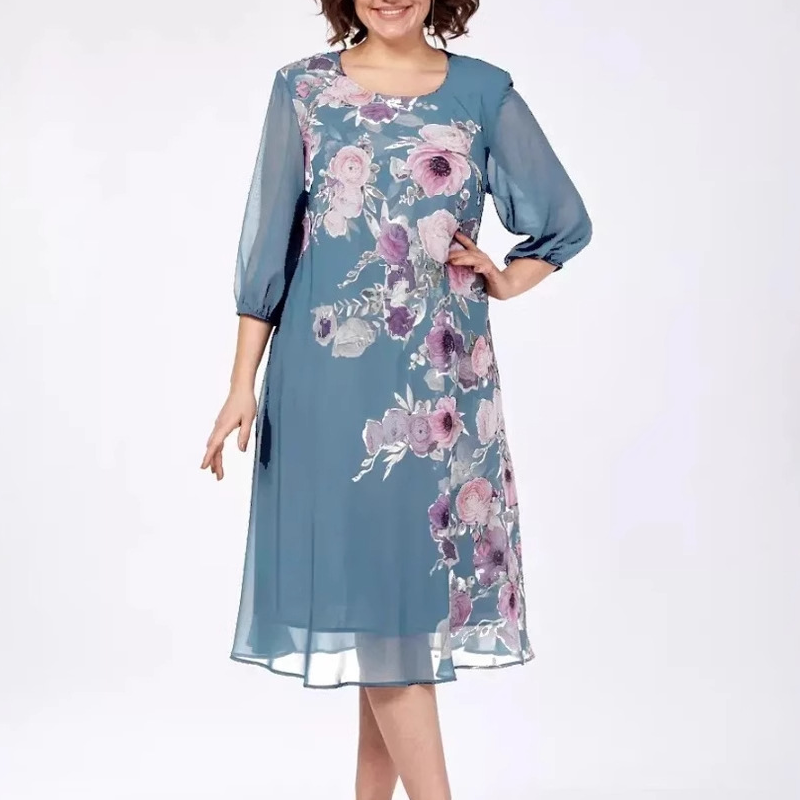 Elegantní šifonové šaty s květinovým potiskem a kulatým výstřihem