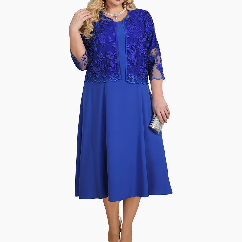 ✨Dámské jednobarevné šaty s krajkovou vyšívanou bundou