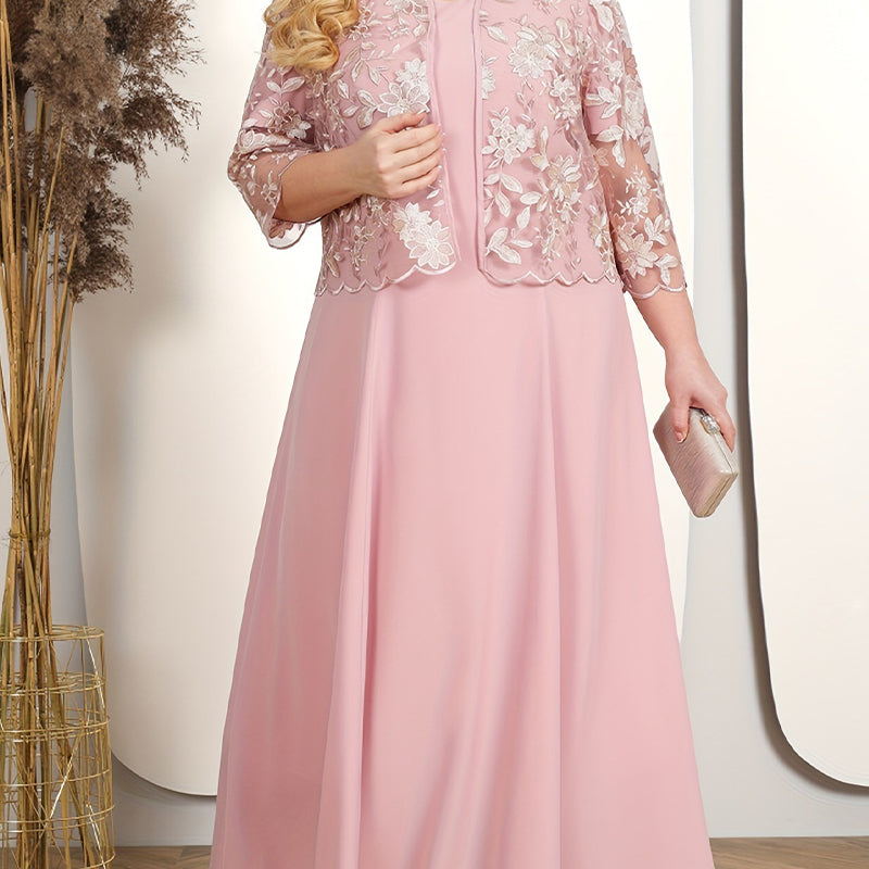 ✨Dámské jednobarevné šaty s krajkovou vyšívanou bundou