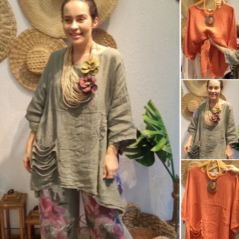 ✨Lněný top s bočními kapsami pro ženy s volným střihem