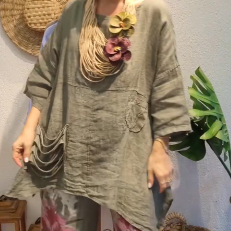 ✨Lněný top s bočními kapsami pro ženy s volným střihem
