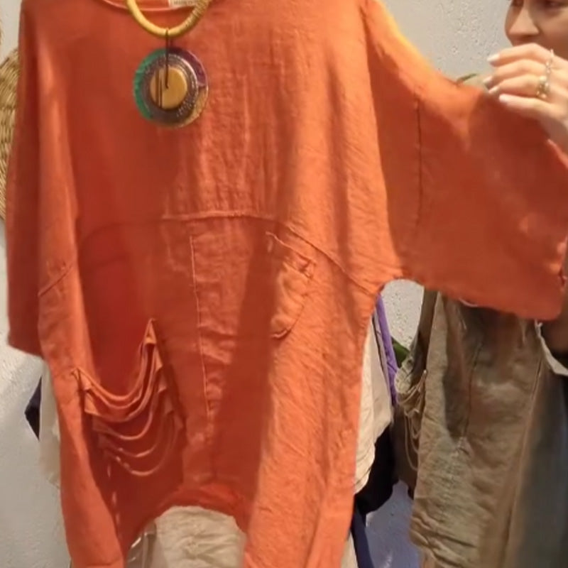 ✨Lněný top s bočními kapsami pro ženy s volným střihem