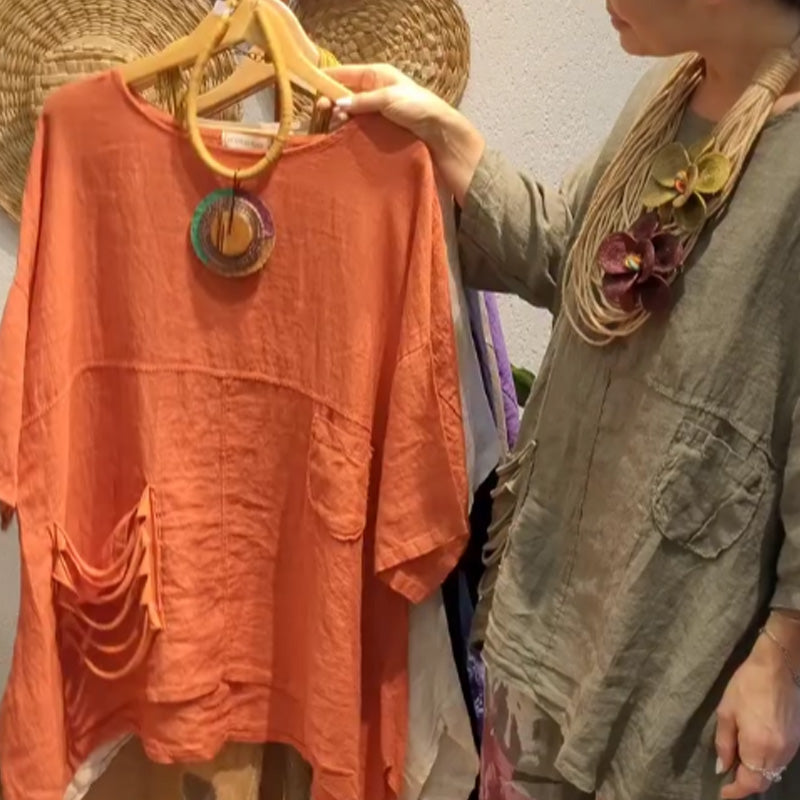 ✨Lněný top s bočními kapsami pro ženy s volným střihem