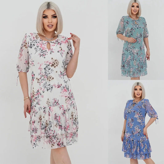 Dámské elegantní dlouhé skládané šaty s krátkým rukávem