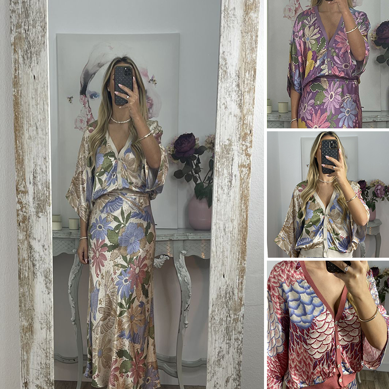 🏆🌸Dvoudílná sada pro dámy: top s výstřihem do V a dlouhá sukně