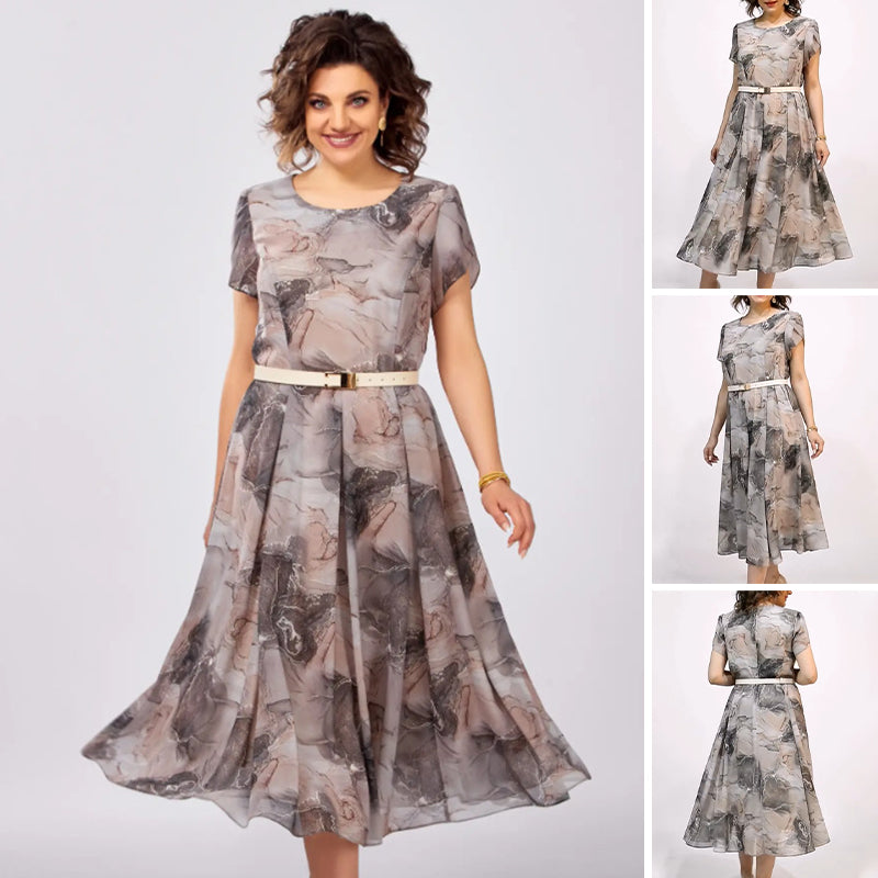 Dámské elegantní kulatý výstřih krátký rukáv Midi šaty