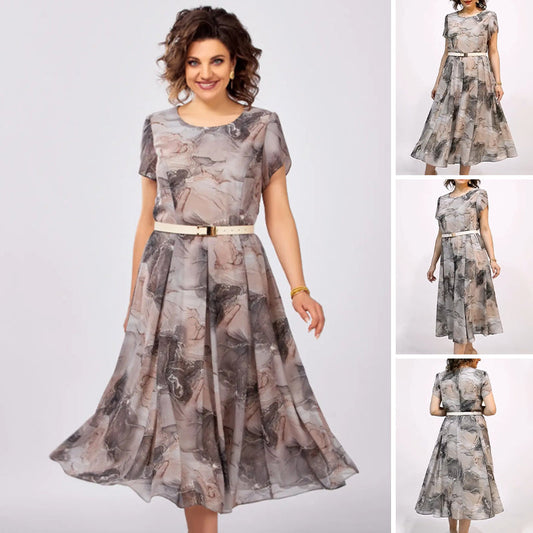 Dámské elegantní kulatý výstřih krátký rukáv Midi šaty